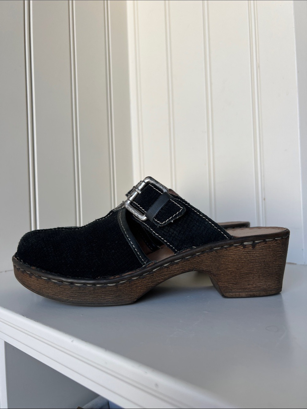 Josef Seibel Black Suede Buckle Clog Mule with Wood-Effect Heel